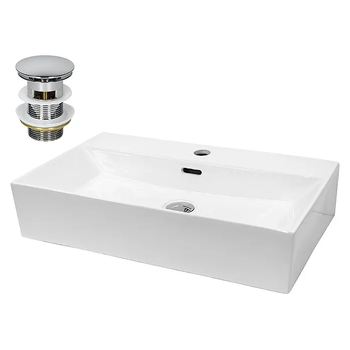 ECD Germany Waschbecken Waschtisch 515x360x130 mm Keramik Weiß mit Überlauf -  - Weißes rechteckiges Keramik-Waschbecken mit vorgebohrtem Hahnloch und Überlauf, dazu ein Chrom-Push-Open-Ablaufventil.