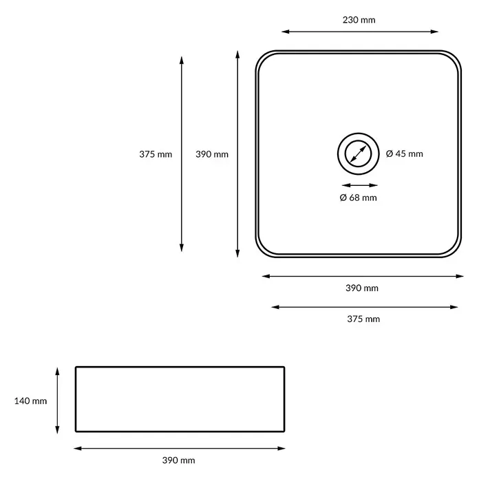 ECD Germany Waschbecken Waschtisch 390x390x140 mm Weiß Ablaufgarnitur -  - Technische Zeichnung einer quadratischen Spüle mit Draufsicht und Seitenansicht. Maße: Gesamt 390x390mm, Innen 375x375mm, zwei runde Ausschnitte Ø45mm, Ø68mm, Tiefe 140mm.