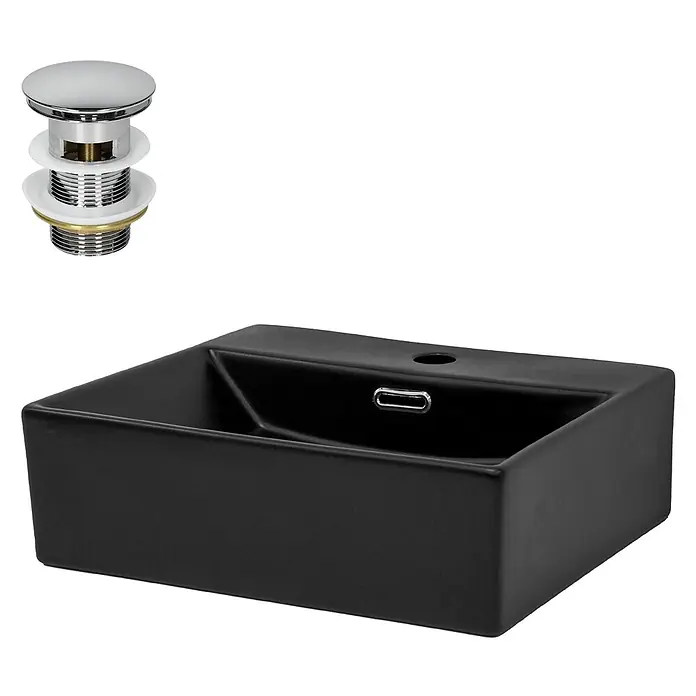 LuxeBath Waschbecken Keramik Schwarz 415x360x130mm Ablaufgarnitur -  - Schwarz rechteckiges Keramikwaschbecken mit Überlauf und separatem Chrom-Pop-up-Ablauf.