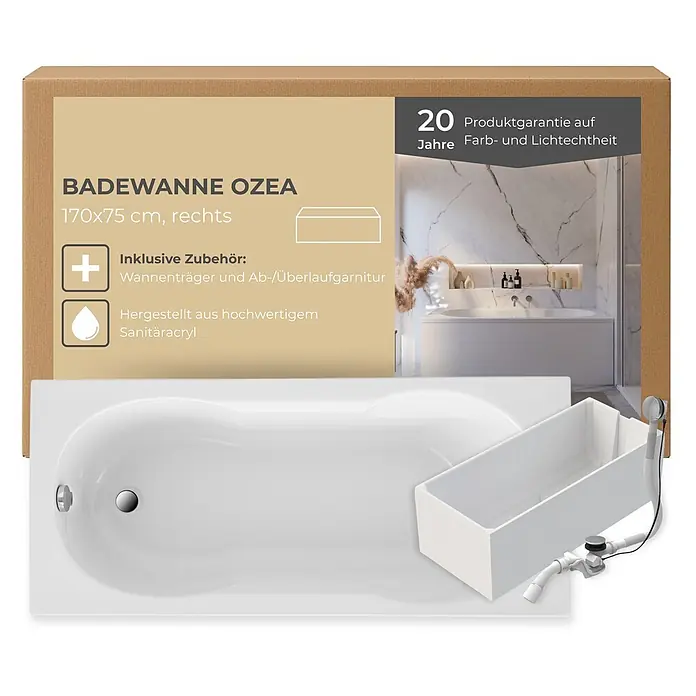 Badewanne Ozea Komplettset inkl. Wannenträger Ab- und Überlauf 170x75 -  - Weiße OZEA Badewanne aus Sanitäracryl, 170x75 cm rechts, inkl. Wannenträger und Ab-/Überlaufgarnitur.