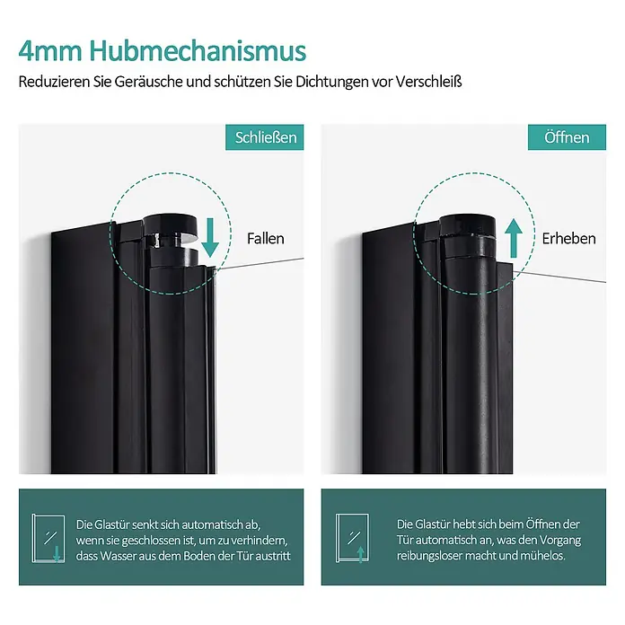 Emke Badewannenaufsatz Folenco FTSS - 3 Stk., Schwarz - Schwarzes Glas-Türscharnier mit 4mm Hubmechanismus. Es senkt sich beim Schließen für Dichtheit und hebt sich beim Öffnen für reibungslosen Gang.
