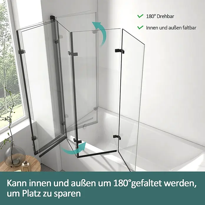 Emke Badewannenaufsatz Folenco FTSS - 3 Stk., Schwarz - Faltbare Duschwand aus Klarglas mit schwarzen Rahmen, die innen und außen um 180° schwenkbar ist, um Platz zu sparen.