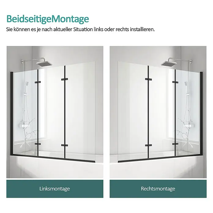 Emke Badewannenaufsatz Folenco FTSS - 3 Stk., Schwarz - Schwarzer Duschwand aus Glas für Badewanne, gezeigt mit reversibler Links- und Rechtsmontage.