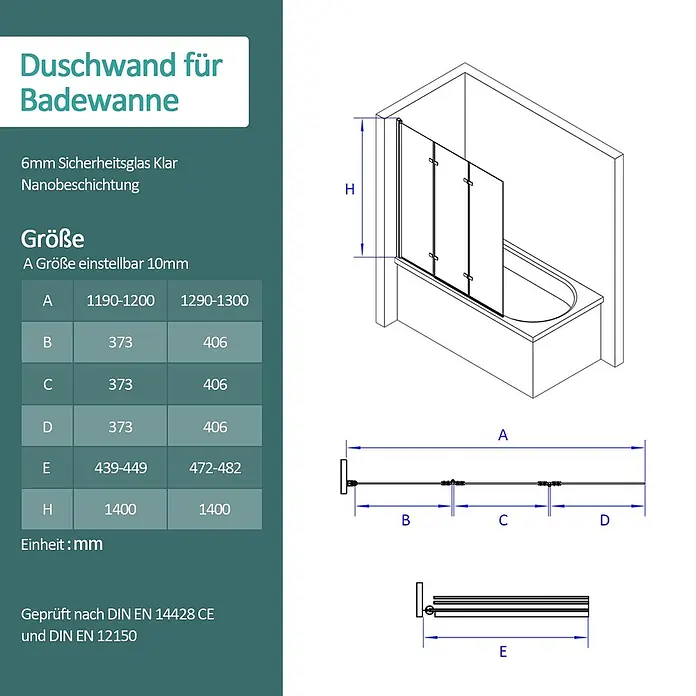 Emke Badewannenaufsatz Folenco FTSS - 3 Stk., Schwarz - Klare 6mm Sicherheitsglas Badewannen-Duschwand mit Nanobeschichtung, einstellbarer Breite und 1400mm Höhe, mit Maßen dargestellt.