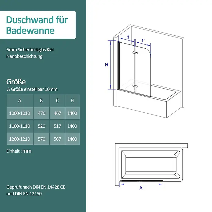 Emke Badewannenaufsatz Folenco FBSS - 2 Stk., Schwarz - Technische Zeichnung einer klaren 6mm Sicherheitsglas Duschwand für Badewanne mit Nanobeschichtung und Maßen A, B, C, H in mm.
