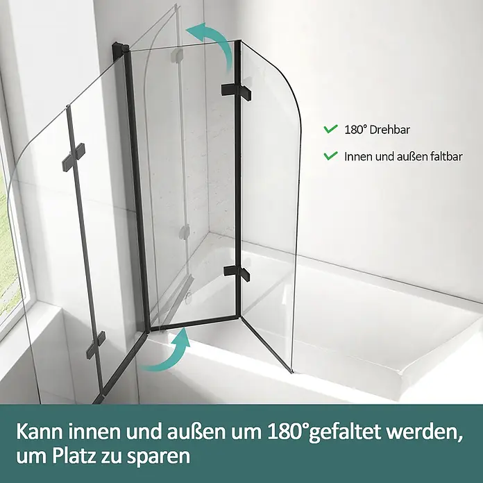 Emke Badewannenaufsatz Folenco FBSS - 2 Stk., Schwarz - Schwarz gerahmte Glas-Duschabtrennung für Badewanne, 180° nach innen und außen klappbar, platzsparend.