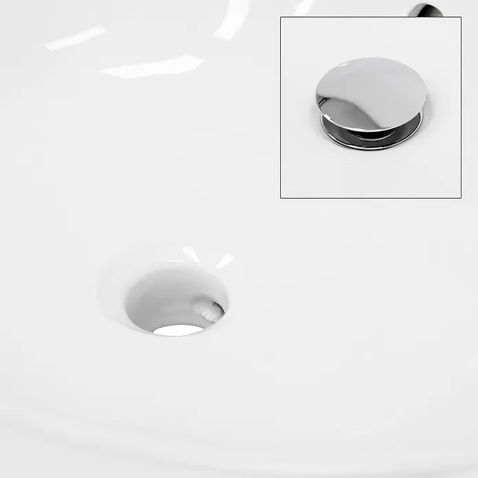 LuxeBath Waschbecken Keramik Waschtisch 590x390x200 mm Weiß Oval Spülbecken -  - Weißes Waschbeckenabflussloch; Einsatz zeigt verchromten Pop-up-Stopfen.