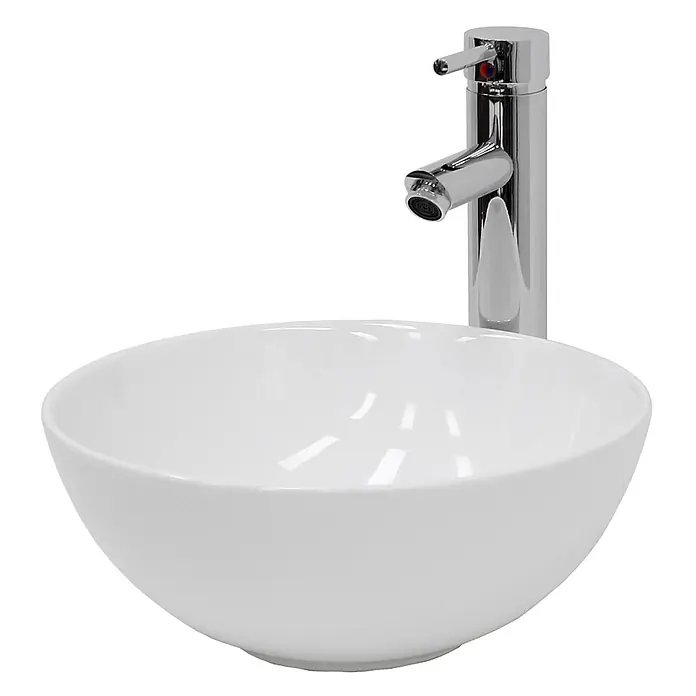 LuxeBath Waschbecken Keramik Waschtisch Ø 320 x 135 mm mit Ablaufgarnitur -  - Weißes Keramik-Aufsatzwaschbecken mit modernem Chrom-Einhebelmischer.