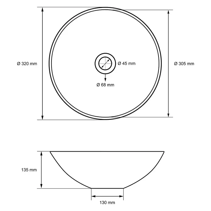 LuxeBath Waschbecken Keramik Waschtisch Ø 320 x 135 mm mit Ablaufgarnitur -  - Technische Zeichnung eines ovalen Waschbeckens mit oberen Abmessungen, Höhe, Bodenbreite und Ablaufdurchmessern.