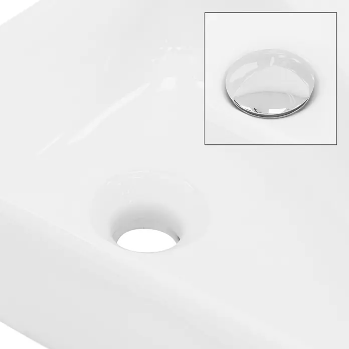 ML-Design Waschbecken Keramik Weiß 45x27x13 cm Hahnloch rechts -  - Weißes Keramik-Waschbeckenabfluss mit eingefügter Nahaufnahme eines verchromten Pop-up-Stopfens.