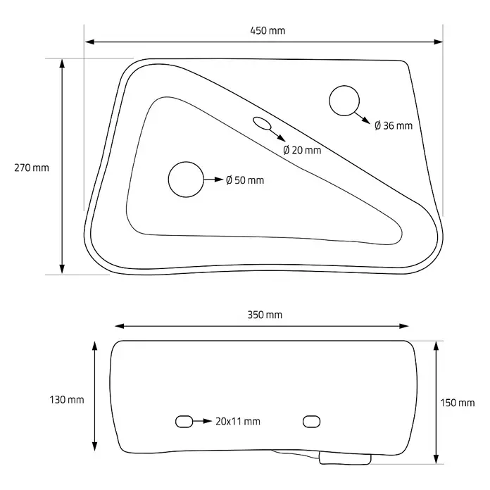 ML-Design Waschbecken Keramik Weiß 45x27x13 cm Eckig Hahnloch rechts -  - Technische Zeichnung eines asymmetrischen Beckens, 450x270mm oben, 350mm Länge, 130-150mm Höhe, mit Löchern: Ø50mm, Ø36mm, Ø20mm, 20x11mm oval.