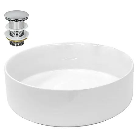 ECD Germany Design Waschbecken Ø 355 x 120 mm Rund Weiß mit Ablaufgarnitur