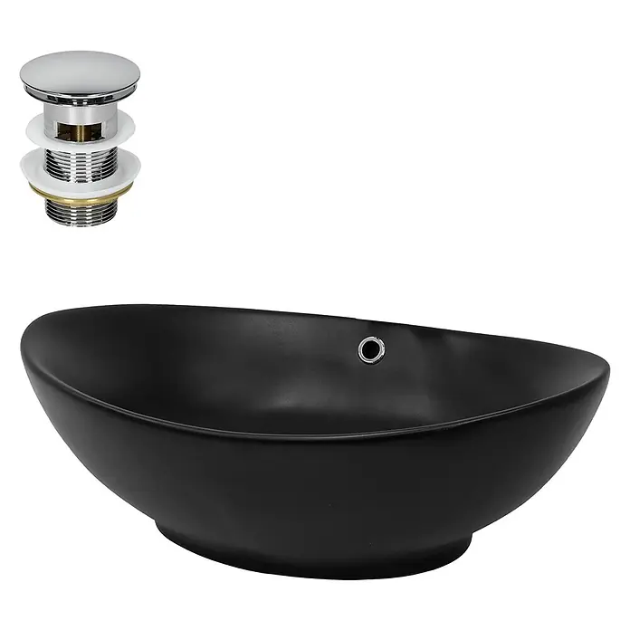 ML-Design Waschbecken Keramik Schwarz Matt 59x38x19 cm Oval Ablaufgarnitur -  - Schwarzes Keramik-Aufsatzwaschbecken mit Chrom-Pop-up-Ablauf.