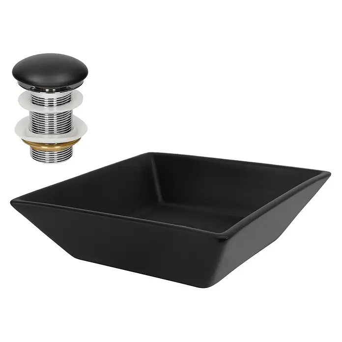 LuxeBath Waschbecken Keramik Schwarz 41x41x12 cm Eckig Ablaufgarnitur -  - Schwarzes quadratisches Waschbecken und ein schwarzer Pop-up-Ablauf mit Chrom.