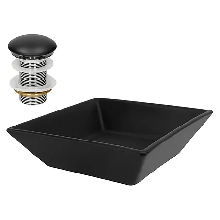 LuxeBath Waschbecken Keramik Schwarz 41x41x12 cm Eckig Ablaufgarnitur