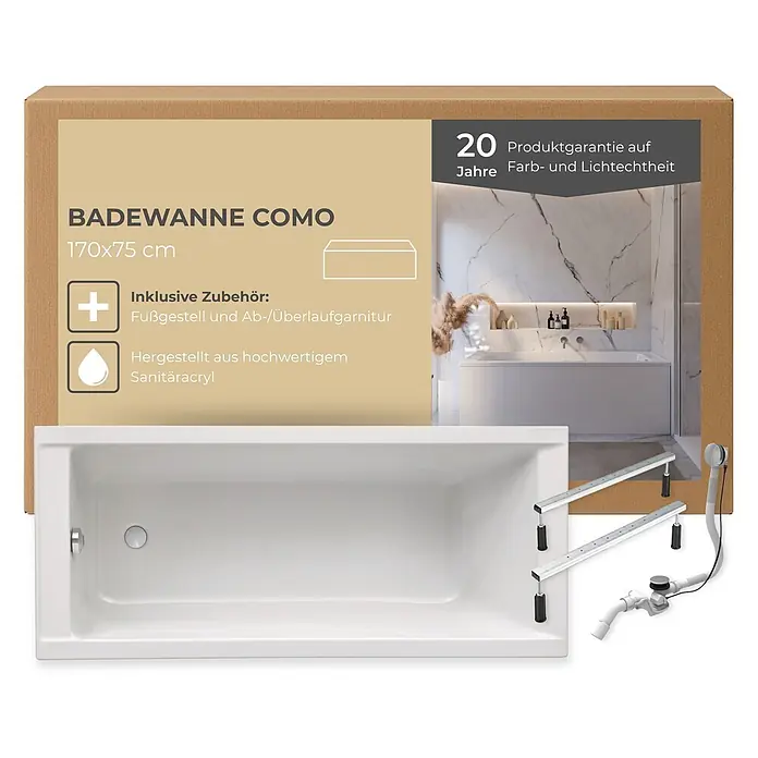 Badewanne Como Komplettset inkl. Fußgestell Ab- und Überlauf 170x75 -  - Weiße Badewanne (170x75 cm) aus Sanitäracryl mit Fußgestell und Ab-/Überlaufgarnitur auf Produktverpackungsgrafik.