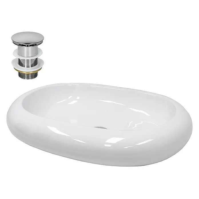 ECD Germany Waschbecken Keramik Ø350x120 mm Weiß mit Ablaufgarnitur -  - Weißes ovales Keramik-Aufsatzwaschbecken mit Chrom-Pop-up-Ablaufgarnitur.