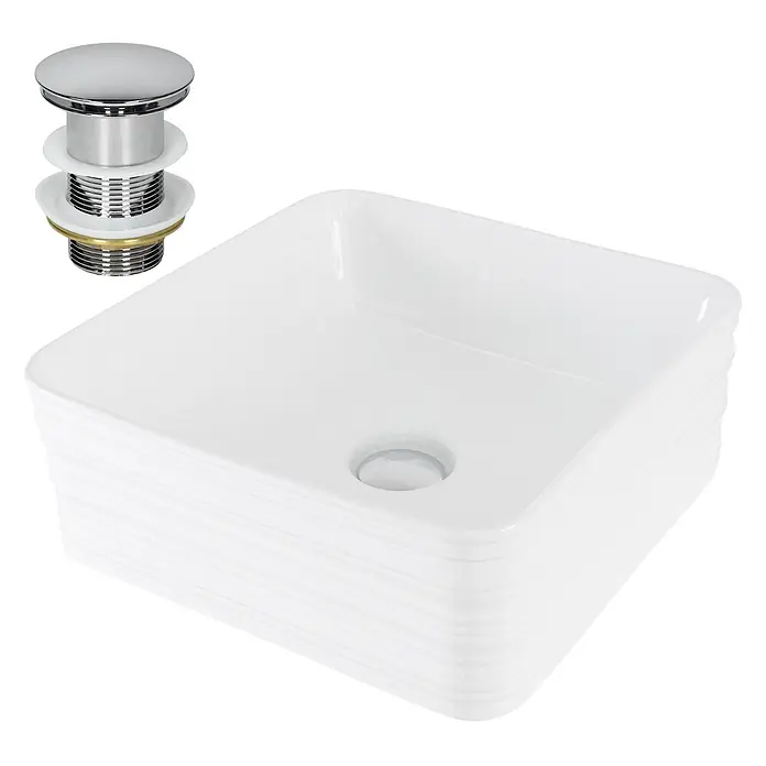 LuxeBath Waschbecken Keramik Weiß 39x39x15 cm Quadratisch Ablaufgarnitur -  - Weißes rechteckiges Keramik-Waschbecken mit gerippter Außenseite und Chrom-Pop-up-Ablaufgarnitur.