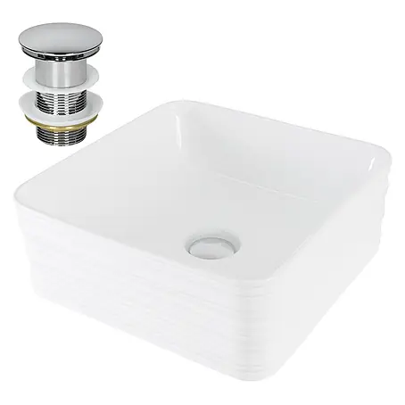 LuxeBath Waschbecken Keramik Weiß 39x39x15 cm Quadratisch Ablaufgarnitur