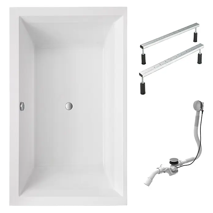 Mare Badewanne Komplettset 190 x 120 x 65 mit Fußgestell -  - Weißes rechteckiges Badewanne mit Stützrahmen und Ablaufgarnitur.
