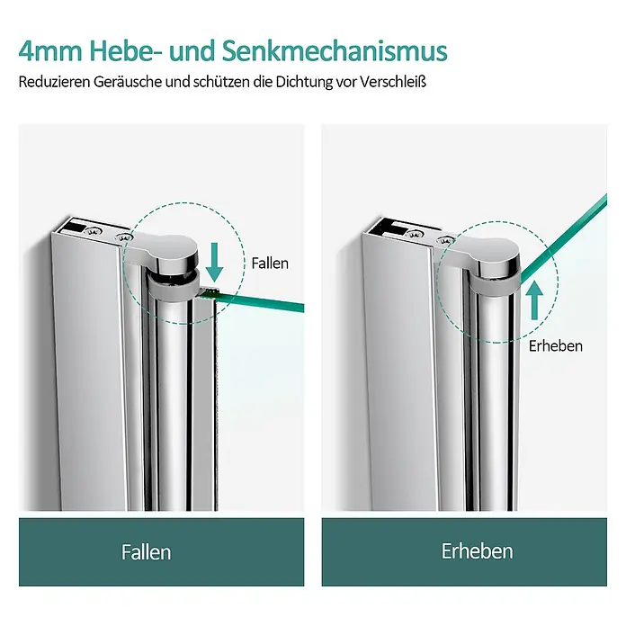 Emke Badewannenaufsatz Folenco FASS - 1 Stk., Chrom - 4mm Hebe- und Senkmechanismus in Chrom für Glasplatten, gezeigt in gesenkter und gehobener Position.