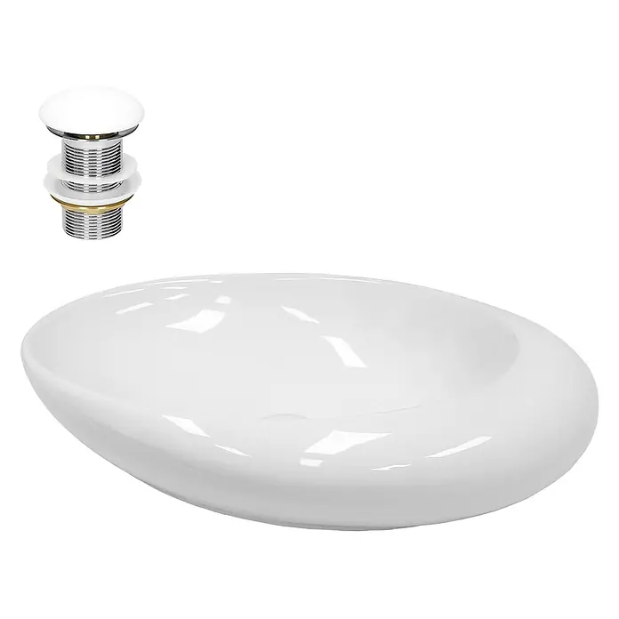 LuxeBath Waschbecken Keramik 585x375x145 mm Weiß mit Ablaufgarnitur -  - Weißes ovales Keramikwaschbecken mit passendem weißem Push-Open-Ablaufventil.