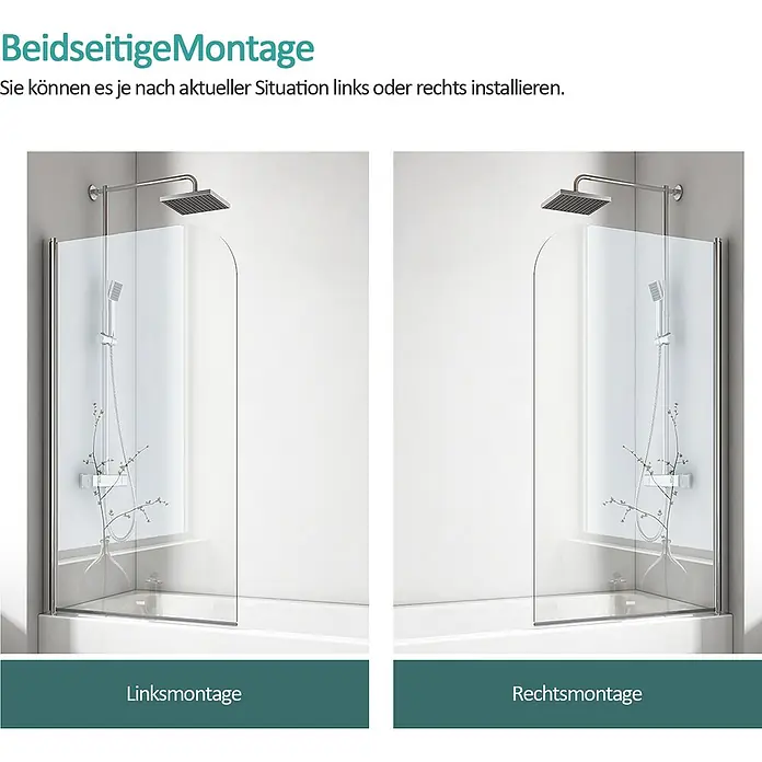 Emke Badewannenaufsatz Folenco FASS - 1 Stk., Chrom - Umkehrbare Duschwand aus Klarglas für Badewanne, links und rechts montiert gezeigt.