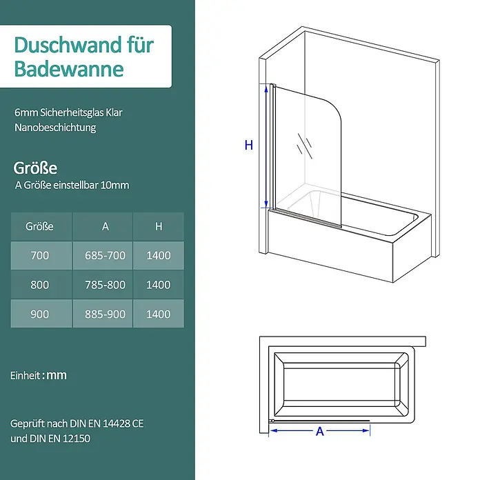 Emke Badewannenaufsatz Folenco FASS - 1 Stk., Chrom - Klarglas Duschwand für Badewanne mit einstellbarer Breite (A) und fester Höhe (H=1400mm), aus 6mm Sicherheitsglas.