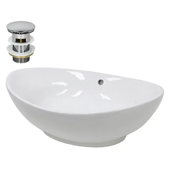 ECD Germany Waschbecken Oval 590x390x200 mm Weiß mit Ablaufgarnitur -  - Weißes ovales Keramik-Aufsatzwaschbecken mit Hahnloch und Chrom-Ablaufgarnitur.