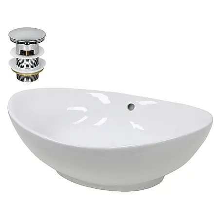 ECD Germany Waschbecken Oval 590x390x200 mm Weiß mit Ablaufgarnitur