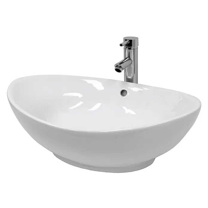 ECD Germany Waschbecken 590x390x200 mm Oval Weiß mit Ablaufgarnitur -  - Weißes ovales Keramik-Aufsatzwaschbecken mit Chrom-Einhebelarmatur.