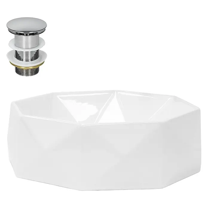 LuxeBath Waschbecken Keramik Weiß glänzend Ø42x13,5 cm mit Ablaufgarnitur -  - Weißes Keramik-Aufsatzwaschbecken mit Facetten und verchromtes Pop-up-Abflussventil.