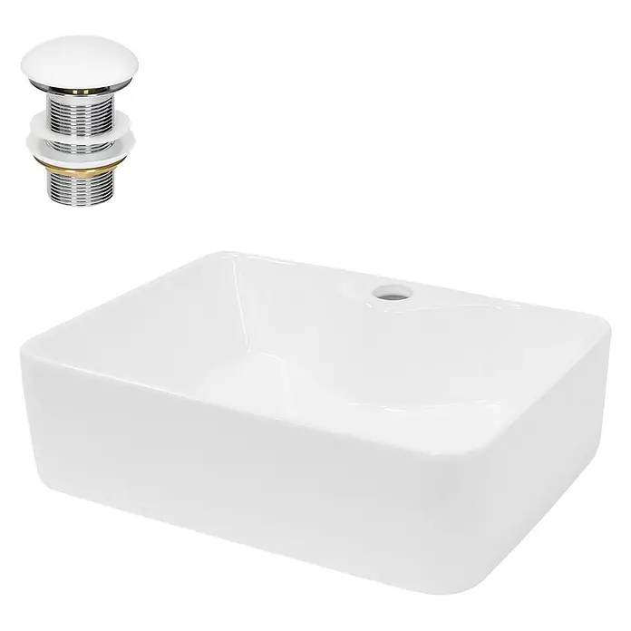 LuxeBath Waschbecken Keramik Waschtisch 480x380x140mm mit Ablaufgarnitur -  - Weißes rechteckiges Keramikwaschbecken mit abgerundeten Ecken und weißem/chromfarbenem Pop-up-Ablaufventil.