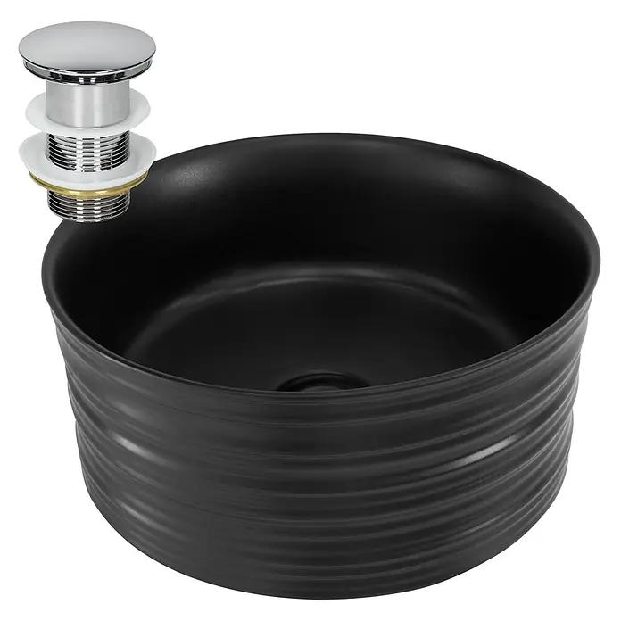 ML-Design Waschbecken Keramik Schwarz Matt Ø41x18 cm Rund Ablaufgarnitur -  - Mattschwarzes Keramikwaschbecken mit geriffelter Außenseite und abnehmbarem verchromtem Pop-up-Ablaufstöpsel.