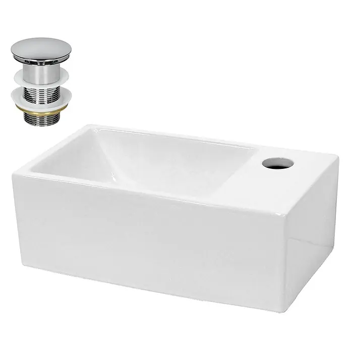 ECD Germany Waschbecken Keramik Weiß 350x205x125 mm Eckig Hahnloch Rechts -  - Weißes rechteckiges Keramikwaschbecken mit Hahnloch und verchromtem Pop-up-Abflussstopfen.