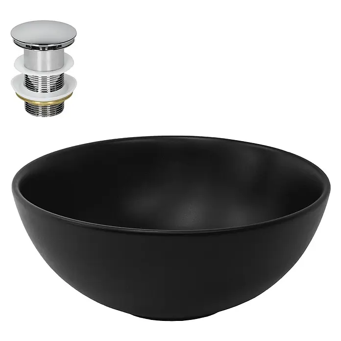 LuxeBath Waschbecken Keramik Schwarz Ø32x13,5 cm Rund mit Ablaufgarnitur -  - Mattschwarzes Keramikschalenbecken mit Chrom-Pop-up-Ablauf.