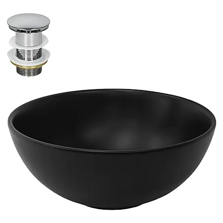 LuxeBath Waschbecken Keramik Schwarz Ø32x13,5 cm Rund mit Ablaufgarnitur