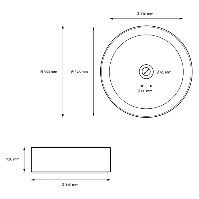 LuxeBath Waschbecken Keramik Schwarz matt Ø 360 x 120 mm Rund Waschtisch -  - Technische Zeichnung eines runden Waschbeckens mit Draufsicht, Abfluss und Seitenansicht, inkl. Maßen wie Ø360mm und 120mm Höhe.
