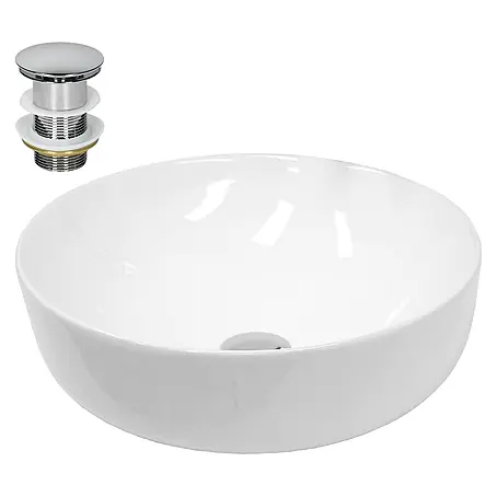 ECD Germany Waschbecken 400x400x135 mm Keramik Rund Weiß mit Ablaufgarnitur