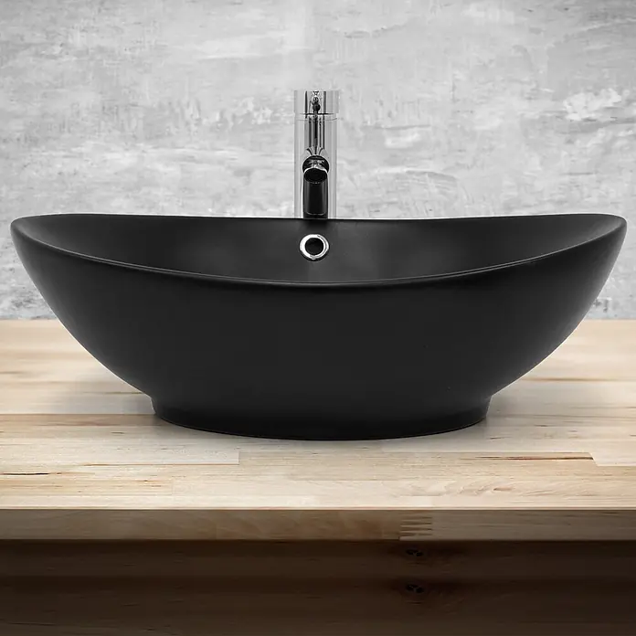 ML-Design Waschbecken Keramik Schwarz Matt 59x38x19 cm mit Ablauf -  - Schwarzes Keramik-Aufsatzwaschbecken mit Chromarmatur auf Holzplatte.