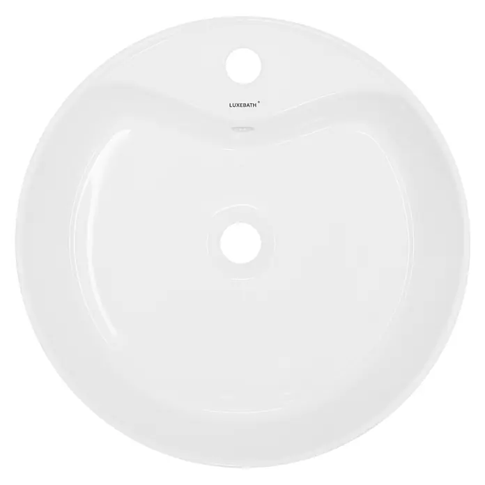 LuxeBath Keramik Waschbecken Ø 460 x 155 mm Weiß mit Ablaufgarnitur -  - Draufsicht auf ein rundes weißes Keramikwaschbecken mit einem Hahnloch, Überlauf und zentralem Abfluss.