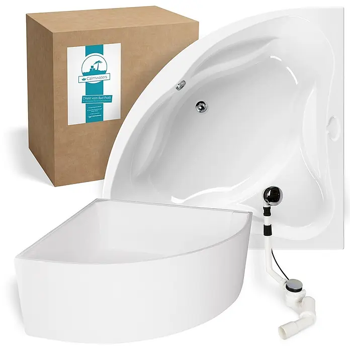 Calmwaters® Eckbadewanne Komplettset 140x140 cm mit Wannenträger & Ablaufgarnitur, Acrylwanne Original, Duowanne für 2, Sitzbadewanne, Set Badewanne komplett, Eckwanne 140 x 140, Weiß, 99000089 -  - Weißes Eckbadewannen-Set mit gebogener Front, inklusive Ab- und Überlaufgarnitur und passender Wannenschürze.