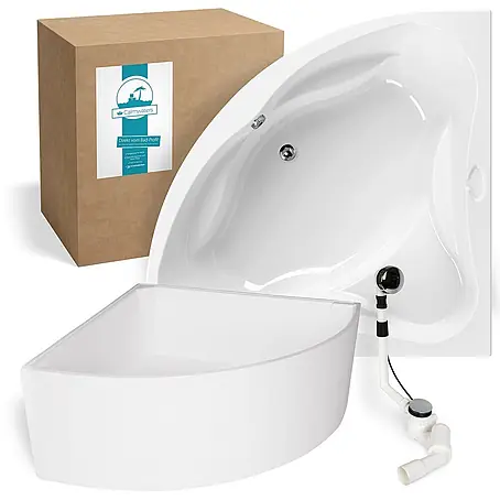Calmwaters® Eckbadewanne Komplettset 140x140 cm mit Wannenträger & Ablaufgarnitur, Acrylwanne Original, Duowanne für 2, Sitzbadewanne, Set Badewanne komplett, Eckwanne 140 x 140, Weiß, 99000089