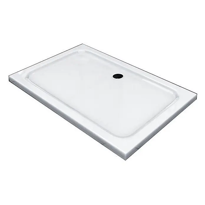 Glaszentrum Hagen Duschwanne Acryla 120x90x5 cm Duschtasse Rechteck + Siphon - Kunststoff, weiß - Weißes, rechteckiges Duschbecken mit zentralem schwarzem Abflussloch und erhöhtem Rand.
