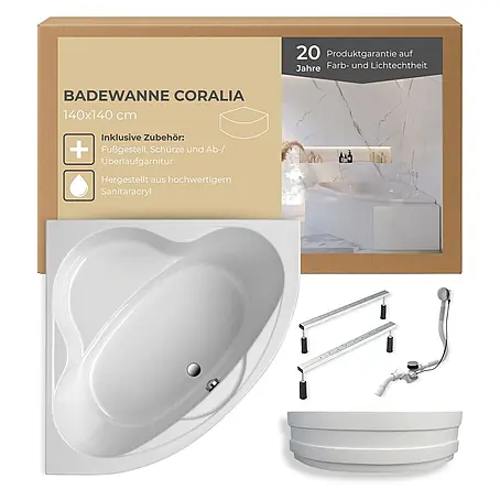 Interpromo  Eckbadewanne Coralia Komplettset inkl. Fußgestell und Schürze 140 x 140