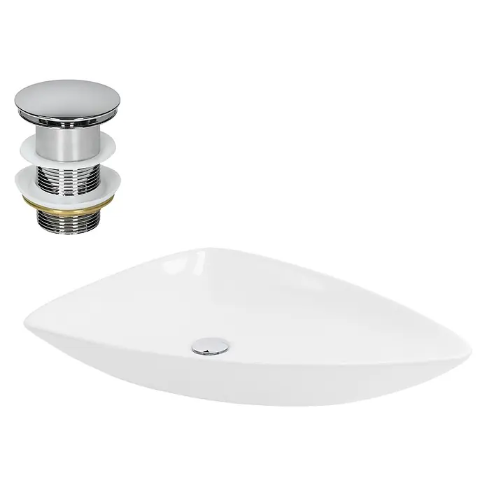 LuxeBath Waschbecken Keramik Weiß 69x46x13cm Dreieckig inkl. Ablaufgarnitur -  - Weißes Keramikwaschbecken mit einzigartiger Form und separatem Chrom-Pop-up-Ablauf.
