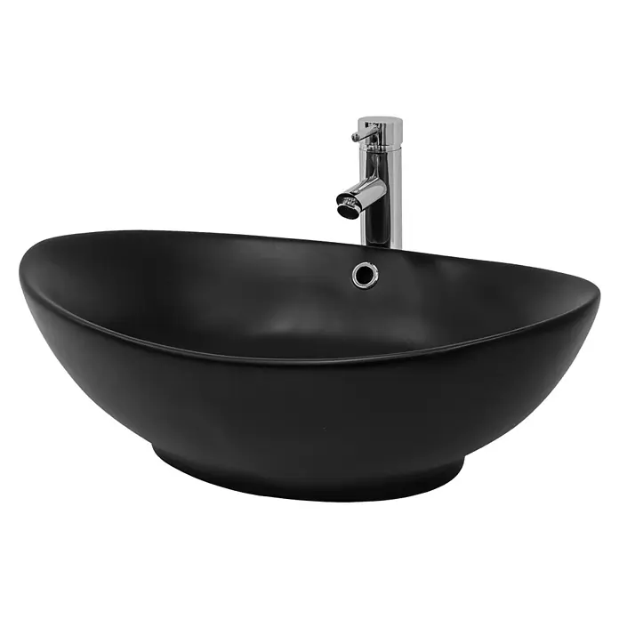LuxeBath Waschbecken Keramik in Schwarz Matt 59x38x19cm Oval Waschtisch -  - Matt-schwarzes ovales Aufsatzwaschbecken mit modernem Chromwasserhahn.