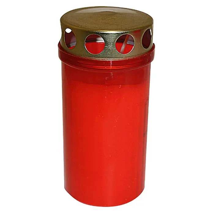 Grablicht - Ø x H: 5 x 12 cm, Rot - Rote Grabkerze mit goldenem Deckel und runden Öffnungen, ideal für Gedenkstätten und Friedhöfe, spendet langanhaltendes Licht.
