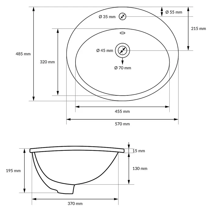 LuxeBath Waschbecken Keramik Weiß glänzend 57x19,5x48,5cm Oval Hahnloch -  - Technische Zeichnung eines ovalen Waschbeckens mit detaillierten Maßen für Installation und Anschlüsse.