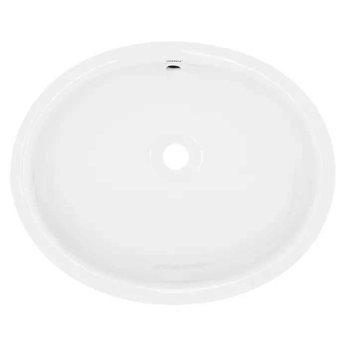 LuxeBath Waschbecken Keramik Weiß Oval 49x19,5x40,5cm mit Ablaufgarnitur -  - Weißes ovales Keramikwaschbecken mit zentralem Abfluss, Überlaufloch und 'LuxeBath'-Branding.